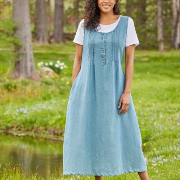 The Vermont Country Store Blue Denim Pintuck Jumper Maxi Dress Sleeveless - Picture 3 of 11
